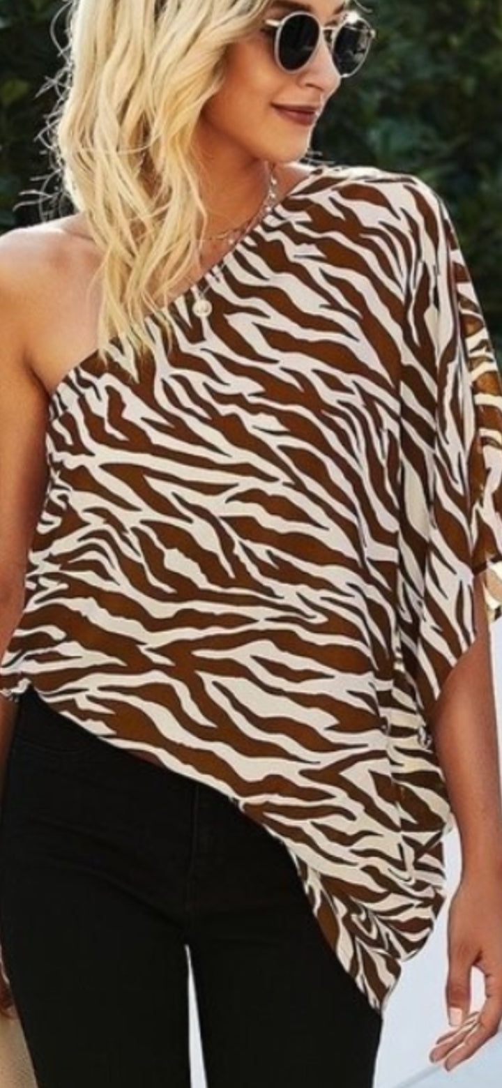 OFF THE SHOULDER ZEBRA STRIPED TOP (KHAKI)